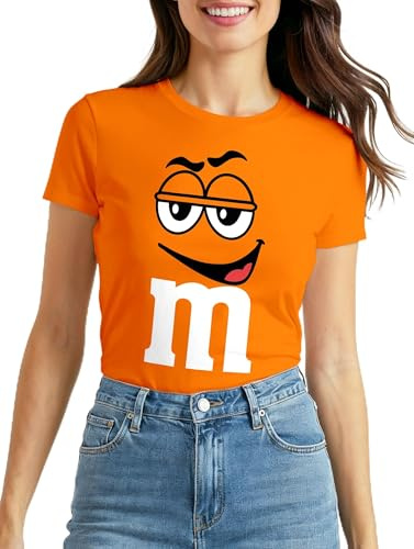 MoonWorks® Damen T-Shirt Fasching Karneval M Aufdruck Gruppen- Kostüm Verkleidung Last Minute Faschingskostüme Frauen Slim Fit Orange XS