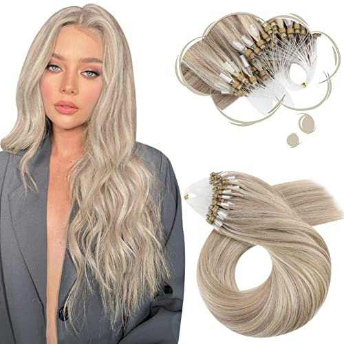 Moresoo Microring Extensions Echthaar 60 cm Aschblond mit Platinblond Haar Extensions Seidenglatt Für Jede Tätigkeit 50G 50Stränge #18/613