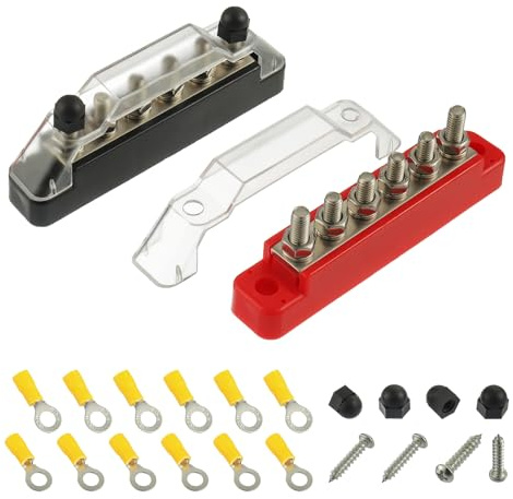 BOJACK 12V Bus Bar Mini6 x 1/4”(M6) Post,12 Volt Battery Power Distribution Block with Cover with Mounting screws and Ring Terminals for Car Boat Marine Boat and Yachts(Black+Red)