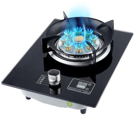 Table De Cuisson À Gaz 32 Cm, Brûleur Wok À Anneau De Feu À 9 Cavités Chronométrées, Dessus en Verre Trempé Noir avec Protection Anti-Extinction, Adapté À La Cuisine Domestique
