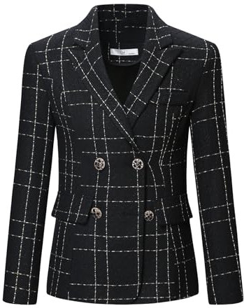 YYNUDA Veste en Tweed Femme Elegant à Manche Longue Blazer Elegant à Carreaux Revers Noir XXL