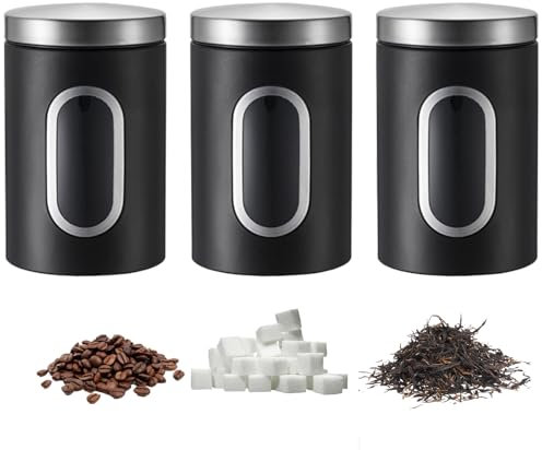 3 Pack Stainless Steel Kitchen Canisters, Canisters Sets for the Kitchen Accessories Stainless Steel Food Container With Secure Lids & Viewing Window Multi Food Storage Jars for Tea Coffee (Black)