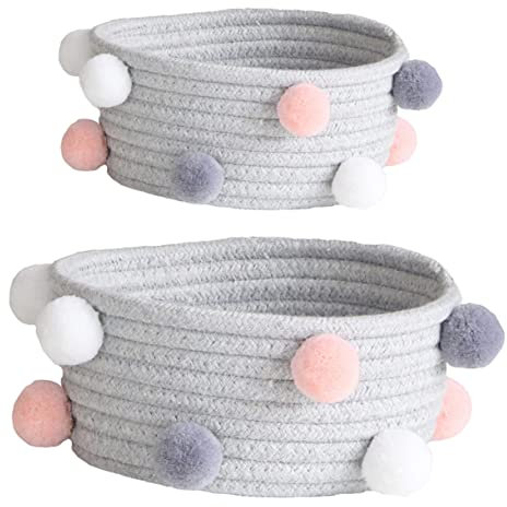 WHAMVOX 2stücke Woven Makeup Organizer Grey Stylische Aufbewahrungskörbe Mit Plüschbällen Für Kosmetik Und Kleine Gegenstände Für Bad Wohnzimmer Und Kinderzimmer