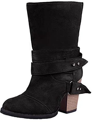 Taglia Stivali Tacco Donna Cintura Moda Fibbia Media Grande Spessore Stivali da Donna Taglia 9 Stivali Invernali Donna, Nero , 40 EU