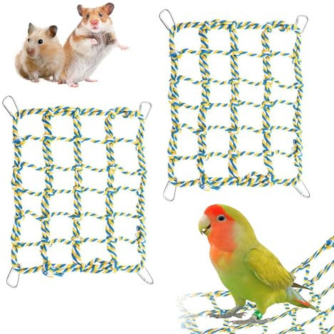 CQJ 2 Pcs Rat Climbing Ropes for Cage Accessories - Rat Toys with 12.6 x 9.84 inch Hammock, Cotton Rope Bridge for Bird, Ladder with 4 Silver Hooks (Yellow)