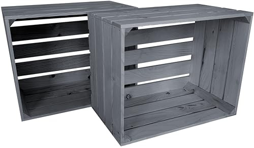 Lermowood Holzkisten Reg 2er Set 50 x 40 x 30cm Grau | Dekokisten aus Holz Massive Holzkiste Regalkiste Weinkiste