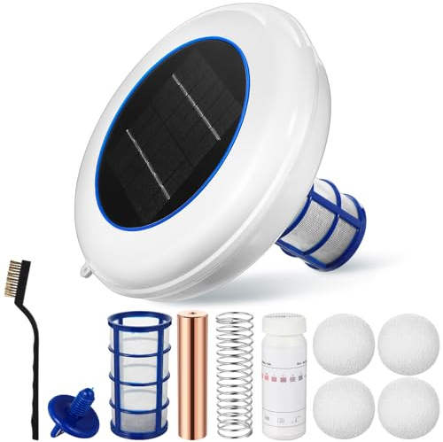 Qualirey 1 Set Solar-Pool-Ionisator, schwimmender Wasserreiniger und Reiniger, tötet Algen im Pool, 85% weniger cl, mit 4 Stück Eliminierungskugel für Süß- und Salzwasserpools Spas, wiederverwendbar