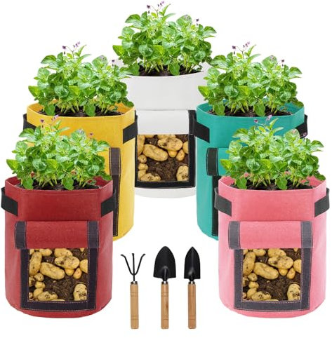 Cskunxia 5 Stück 10 Gallonen Kartoffelpflanzbeutel, Bunte Pflanzbeutel mit Griffen, Garten-Pflanztöpfe mit Erntefenster für Kartoffeln, Karotten, Tomaten mit Werkzeug, gemischte Farbe 2