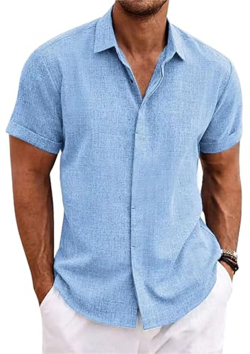 PADOLA Chemise Lin Homme Manches Courtes Boutonnée Chemisette Homme Chemises d'été Unie Chemise de Plage en Coton Coupe Régulière Tee Shirt Décontracté Chemiser (1 Bleu, 2XL)