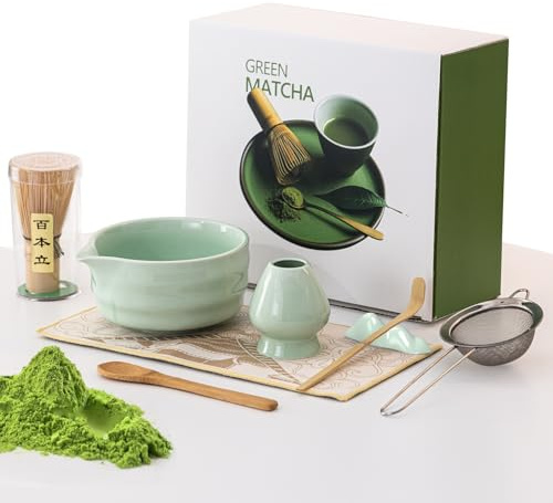 MQFORU Matcha Whisk, 8 Pcs Matcha Set with Bamboo Whisk, Ceramic Bowl, Spoon & Sifter - Traditional Japanese Tea Ceremony Kit, Matcha Tea Set for Making Breakfast/Latte, Gift for Matcha Lovers