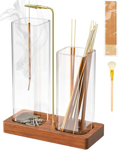 2 in 1 Incense Holder with 7.8 & 5.9 Glass Jars, Large Incense Holder for Sticks, Upside Down Incense Burner with Ash Catcher & Storage for Meditation Yoga Spa Home Decor - 20 Incense Sticks & Brush