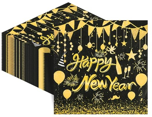 40 Stück Silvester Servietten 2026, 33x33 cm Schwarz Gold New Year Decoration für Neujahr Tischdekoration Happy New Year Deko Set für Silvesterparty Jahreswechsel Familienfeier