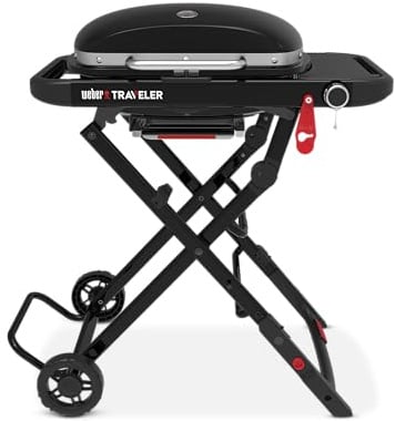 Weber Traveler Compact Gas Barbecue with Folding Cart & Wheels | Portable BBQ, Porcelain-Enamelled Cast Iron Grates, Built-In Lid Thermometer, 3.81 kW Burner, 2065 cm² Cooking Surface, Black