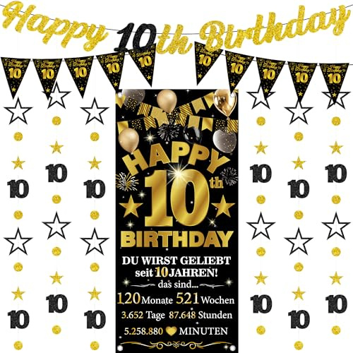 10 Geburtstag Junge Deko Banner - 9 Stück Schwarzes Gold Geburtstagsdeko | Birthday Banner Twinkle Star Girlande Hanging Streamer(6 m) HintergrüNde for 10 Jahre Party Dekoration