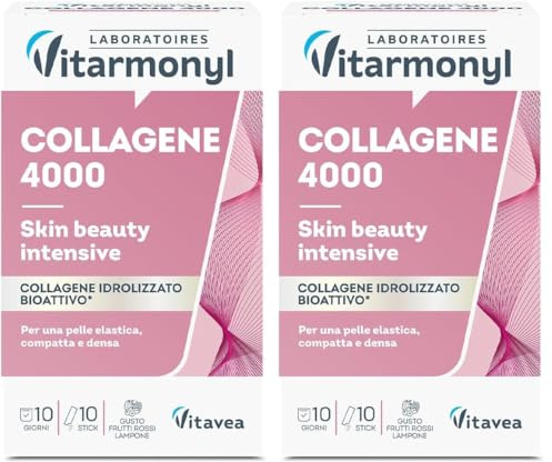 Collagene 4000 - Benessere e Bellezza della Pelle - Pelle Elastica, Compatta e Rimpolpata - Collagene Marino Idrolizzato - 10 Stick Gusto Frutti Rossi e Lampone - Vitarmonyl (Confezione da 2)