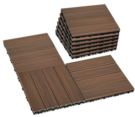 Skypatio Piastrelle ad incastro per terrazza, 30,5 x 30,5 cm, per tutte le stagioni, in plastica e legno, per esterni, per interni, balcone, portico, cortile, piscina e giardino (colore teak)