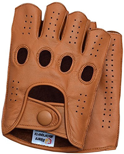 Riparo Herren Leder Reverse genäht Fingerlos Half-Finger Auto Fahren Motorrad Reiten Handschuhe (M, Cognac)