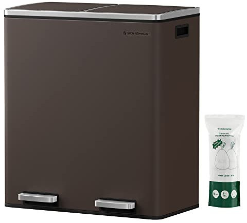 SONGMICS Mülleimer, 60 l, Metall-Trittbehälter, mit Zwei Fächern, Kunststoff-Inneneimer und Klappdeckel, Griffe, weicher Verschluss, luftdicht, braun
