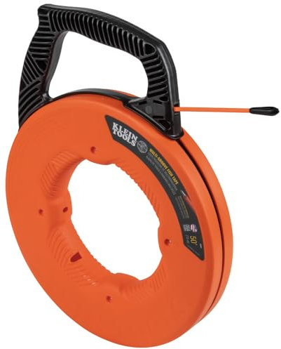 KLEIN TOOLS 56382 Fish Tape, Multi-Groove Fiberglass Wire Puller with Nylon Tip, Optimized Housing and Handle,Orange/Black, 15 m