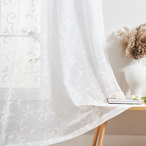 MYSTIC-HOME Transparente Vorhänge, weiß, 160 cm, Besticktes Blumenmuster, Voile-Vorhänge mit Stangentaschen, Vintage-gestickte Halb-Knitter-Vorhangpaneele, 2er-Set, weiß, 132 cm B x 160 cm L
