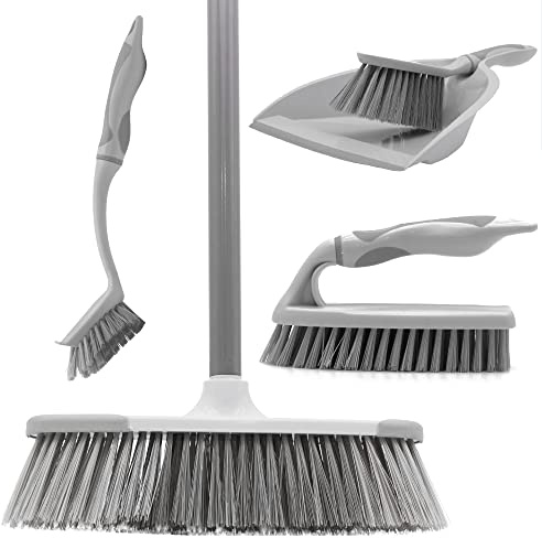 OurHouse 5 Piece Cleaning Set, Features Five Essential Cleaning Tools Including Dustpan & Brush, Long Handle Broom, Washing Up Brush, and Handheld Scrubber, Kitchen Lobby Floor, Any Room in the House