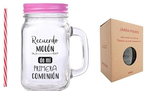 DISOK - Jarra Cristal con Caña Recuerdo Molón Color Rosa en Caja Blanca - Jarras con Frases, Tazas Originales para Detalles, Recuerdos y Regalos de Comuniones (1)
