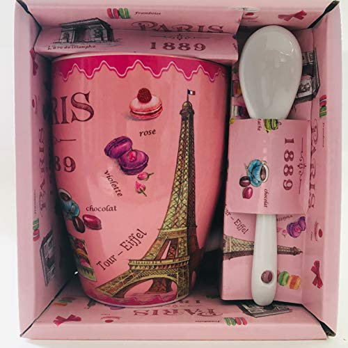 Vianaya Tasse Paris Eiffelturm und andere Sehenswürdigkeiten aus Paris – Motiv Macarons de Paris – mittlere Größe 10,5 cm mit einem Löffel – Farbe leuchtendes Rosa – glänzend