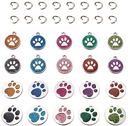 Craftdady 40pcs Emaille Tier Hund Pfote Drucke Chunk Charms 10 Farbe Glitter Pulver Welpe Kätzchen Fußabdruck Flache runde Anhänger für DIY Schmuck Herstellung Schlüsselanhänger Dekor