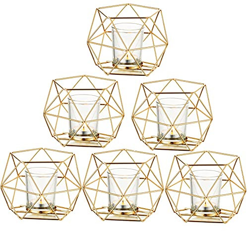 Romadedi Photophore Bougie Doré Bougeoir - Lot de 6 Bougeoirs Mariage Centre de Table pour Bougies Chauffe-Plat Géométrique Design Moderne de Anniversaire Maison Décoration Métal
