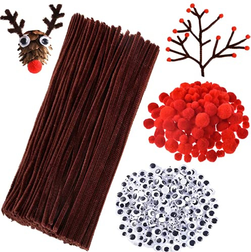 900 Stück braune Pfeifenreiniger, Weihnachts-Bastelbedarf, einschließlich 200 Stück braune Pfeifenreiniger, Chenille, 350 Stück Kulleraugen, 350 Stück rote Pompons für Weihnachten, Rentier, DIY