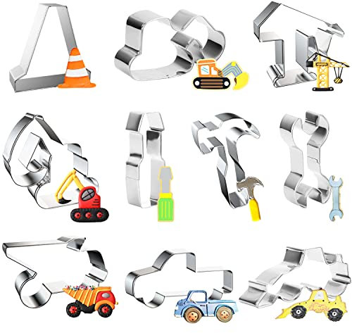 Konstruktion Ausstecher, Powmag 10 Stück Baustellen Ausstechform, Bagger Traktor Ausstecher, DIY Fondant Plätzchenausstecher Set für Kinder Geburtstag Party Deko
