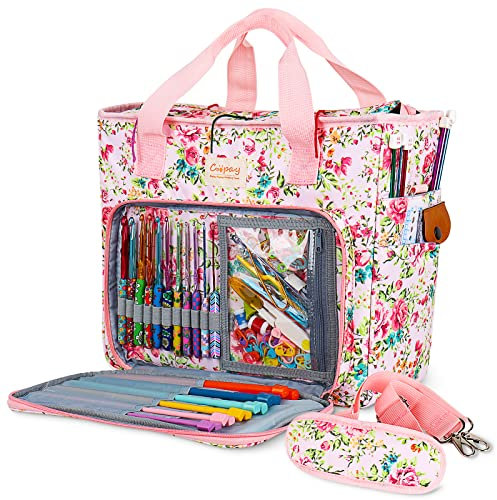 Coopay Stricktasche für Strickartikel Wolle, Basteltasche zum Häkeln, Stricken, Kreuzstich, Tragetasche für Stickerei und Stricknadeln, Extra Groß Garn Aufbewahrungstasche für Zubehör, Pinke Blumen