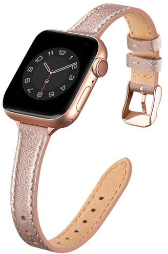 SUNFWR Bracelet Cuir pour Apple Watch 42mm(Series 11/10) 44mm 45mm 46mm | Femme Élégant Remplacement Cuir Fin Véritable pour iWatch SE3/SE2/SE,iwatch Series 11/10/9/8/7/6/5/4/3/2/1(Or rose&Or rose)