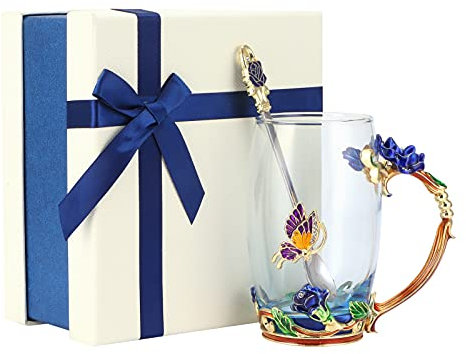 Cyrank Tasse à thé en verre fleur, tasses à thé en verre tasse à thé fleur tasses à café en verre avec cuillère émaux fleur tasse à café en verre transparent pour femmes(05)