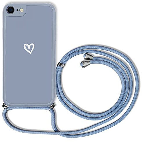 Jusy Hülle Kompatibel mit iPhone 7, iPhone 8, iPhone SE Hülle, Weiches Silikon Umhängen HandyHülle Silikon Ultra dünn Case Herz Design mit Band Necklace Handykette Schutzhülle für iPhone (blaugrau)