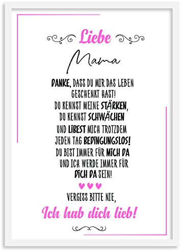 Urhome Kunstdruck Mama mit Bilderrahmen Weiß in DIN A4 - Ich hab dich lieb Wandbild Poster Wanddeko mit Spruch für Wohnung Familie Freunde Geschenk Geburtstag