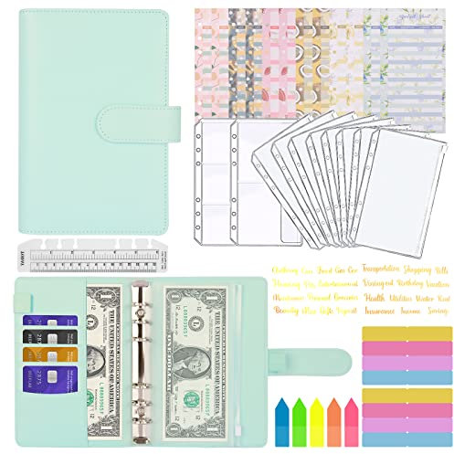 MARICATO Carpeta de Presupuesto A6, Libro Doméstico Sobres de Dinero, 29 Piezas Bolsas Transparentes con Cremallera, Hojas con Pegatinas, Índice, Regla, Planificador Financiero,Turquesa