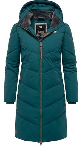 Ragwear Damen Wintermantel warmer wasserdichter Steppmantel lang mit abnehmbarer Kapuze Rebelka Dark Green22 Gr. S