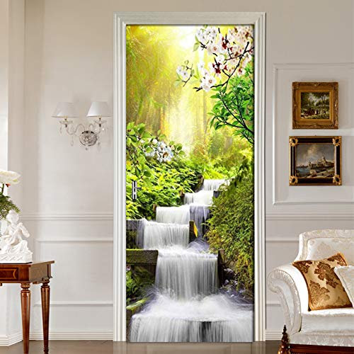 3D Türaufkleber Türtapete Türfolie Aufkleber Wald Wasserfall Landschaftsmuster Tür Home Decor Wandaufkleber Selbstklebend 77x200cm