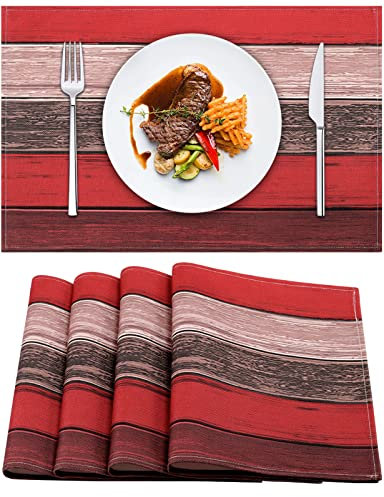 Weihnachten Tischsets Set von 4 Rot Tischset Leinen Esstisch Tischsets Farmhouse Tischset für Heimdekor Party Indoor Oudoor Esszimmer Holzmaserung Waschbare Platzsets 45 X 32 cm Esstischmatten(Rot)