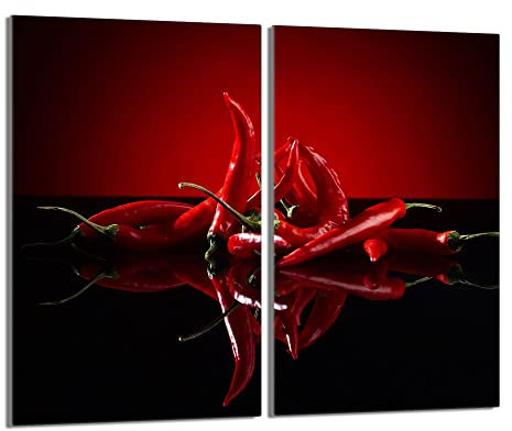 Herdabdeckplatten 2 Teilig 2x30x52 cm Ceranfeldabdeckung Küche Elektroherd Induktion Herdschutz Spritzschutz Glasplatte Schneidebrett, Chilli Rot