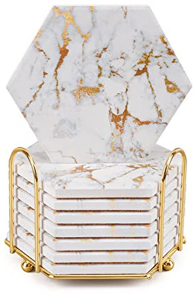 Geichan Marble Coaster Set for Table Protection,8 Pcs Drink Coasters with Metal Holder, Home Decor, Bar Coasters