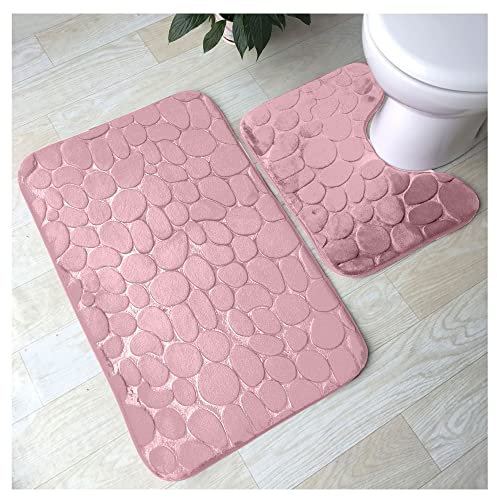 FAIRWAYUK 2 Piece Memory Foam Bath Mat Pedestal Set Non Slip, Super Soft Water Absorbent Toilet Bathroom Rug Sets, Microfibre Large Bathmat (Blush Pink)