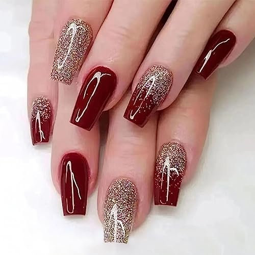 24pcs Long Coffin False Nails Red Press on Nails Glitter Gold Stick on Nails Glossy Finish Removable Glue-on Full Cover Acrylic Nail Tips Art Accessories for Women