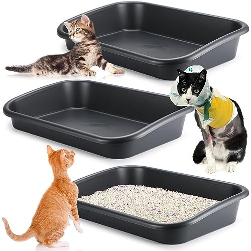 Uiifan Cat Litter Tray for Older Cats Low Entry Open Top for Older Cats Easy Clean Dark Grey 3 Pack
