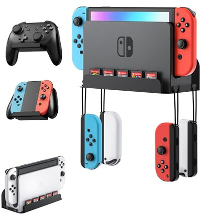 ZAONOOL Wandhalterung mit 2 Controller-Halterungen für Nintendo Switch und Switch OLED, Metall Wandhalterung Kit Regalständer mit 5 Spielkarten und 4 Joy Con Aufhängern, Konsole sicher in der Nähe