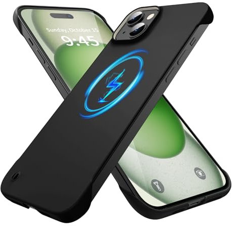 GRECAZO Magnetic Slim Case Fit for iPhone 15 Plus Phone Case 6.7(2023) Ultra-Thin Lightweight Durable Frameless Matte Hard MagSafe Cover Case with Pull Ring Shockproof Non Slip Rope-Black