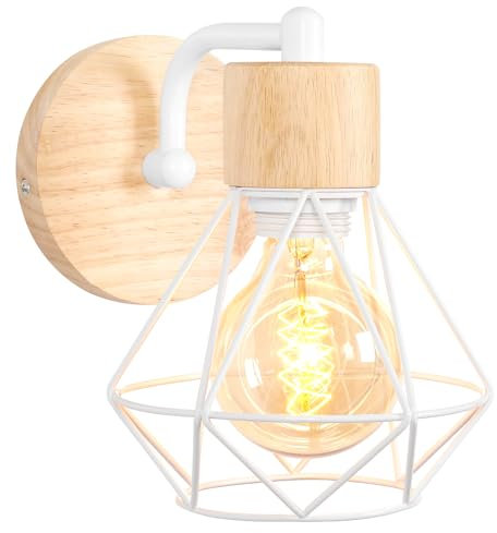 TOKIUS Wandleuchte Innen aus Holz und Eisen 16CM Wandlampe im Industrial Design E27 Vintage Lampe mit Käfig Lampenschirm Retro Wandleuchten für Flur Wohnzimmer Schlafzimmer Küche (Weiß)