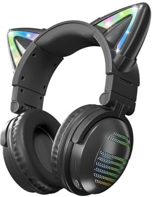Cat Ear Kopfhörer, kabelloses und kabelgebundenes 5.3 Gaming Headset, RGB-Katzenohr-Kopfhörer mit Geräuschunterdrückung-Mikrofon für PS4/5, PC, Bluetooth,für Smartphone (Schwarz)