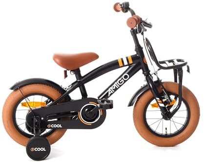 AMIGO 2Cool - Kinderfahrrad Jungen - 12 Zoll - Mit Rucktrittbremse und V-Brake und Stützräder - ab 3-4 Jahr - Schwarz